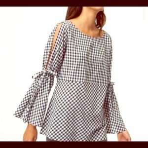LOFT gingham plaid open bell sleeve blouse
